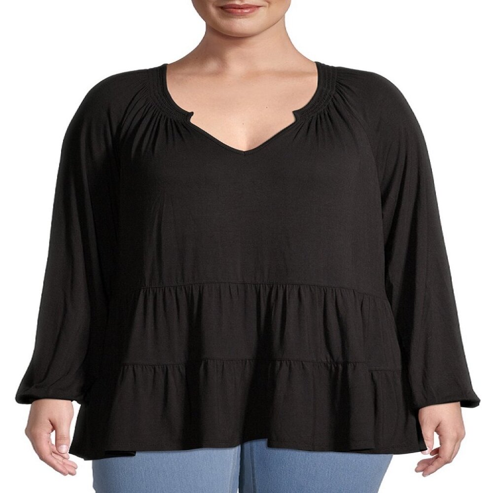 Terra & Sky Women's Plus Size Tiered Tunic Peasant Top - Black Soot (0X) -NEW